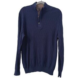 Tasso Elba Mens Sweater Large Navy Blue Supima Cotton Cable Knit Mock Neck